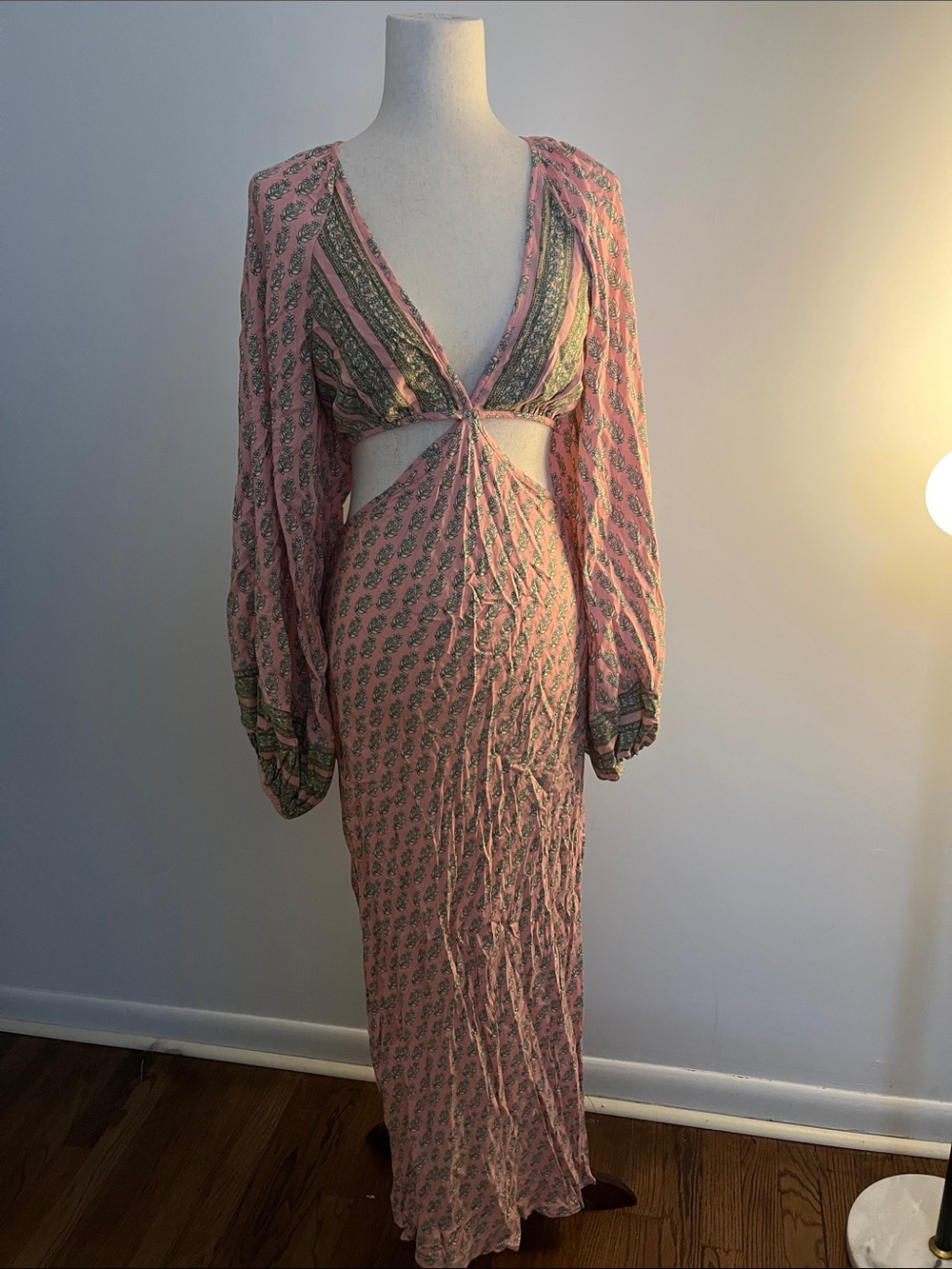 Boho Pink Cutout Maxi Dress with Long Sleeves